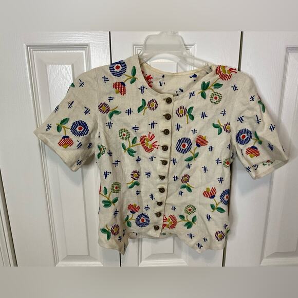 VTG 1960s FLORAL CREWEL EMBROIDERY CREAM LINEN CHILDREN HANDMADE BLOUSE TOP SZ S - Picture 1 of 14